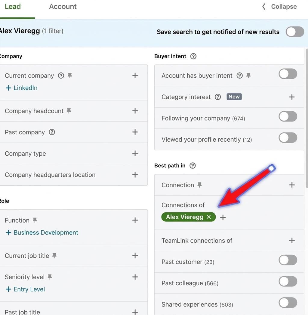 LinkedIn Sales Navigator 的“人脉关联”筛选功能